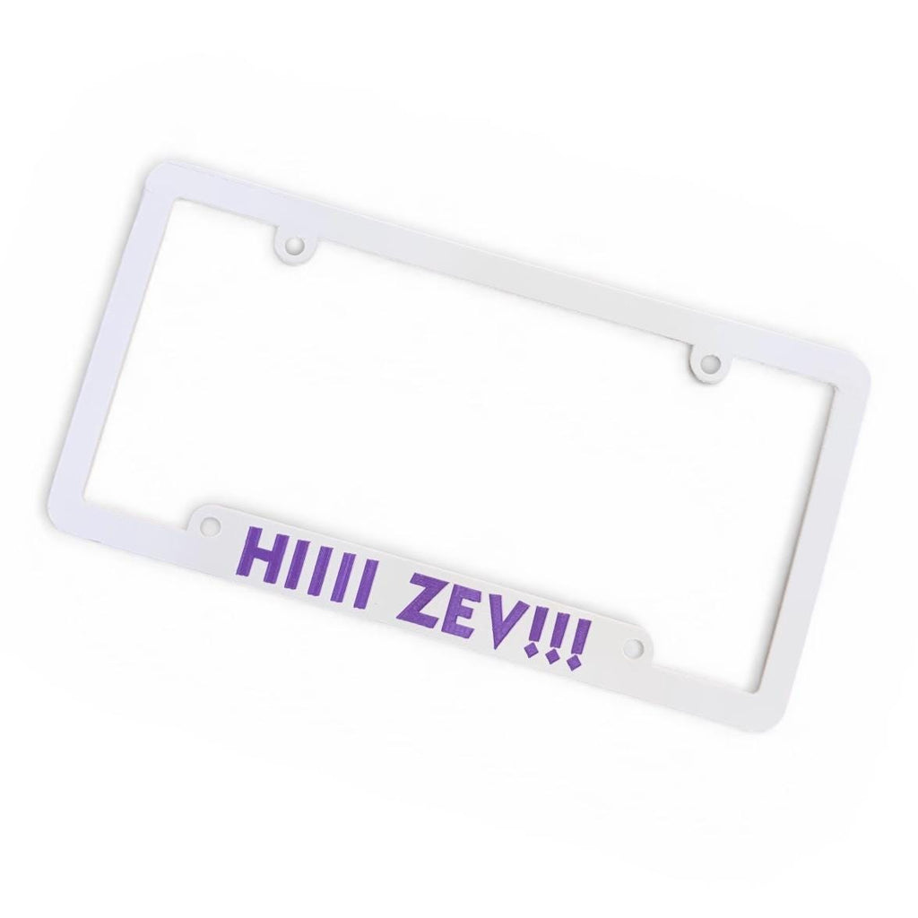 Dungeon Crawler Carl Inspired License Plate Cover Frame "HIIII ZEV!!!" White/Purple