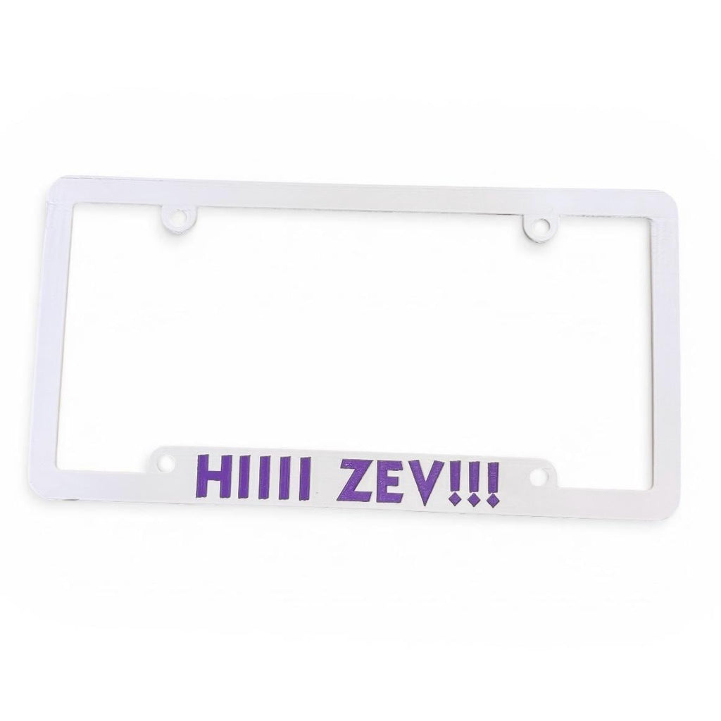 Dungeon Crawler Carl Inspired License Plate Cover Frame "HIIII ZEV!!!" White/Purple