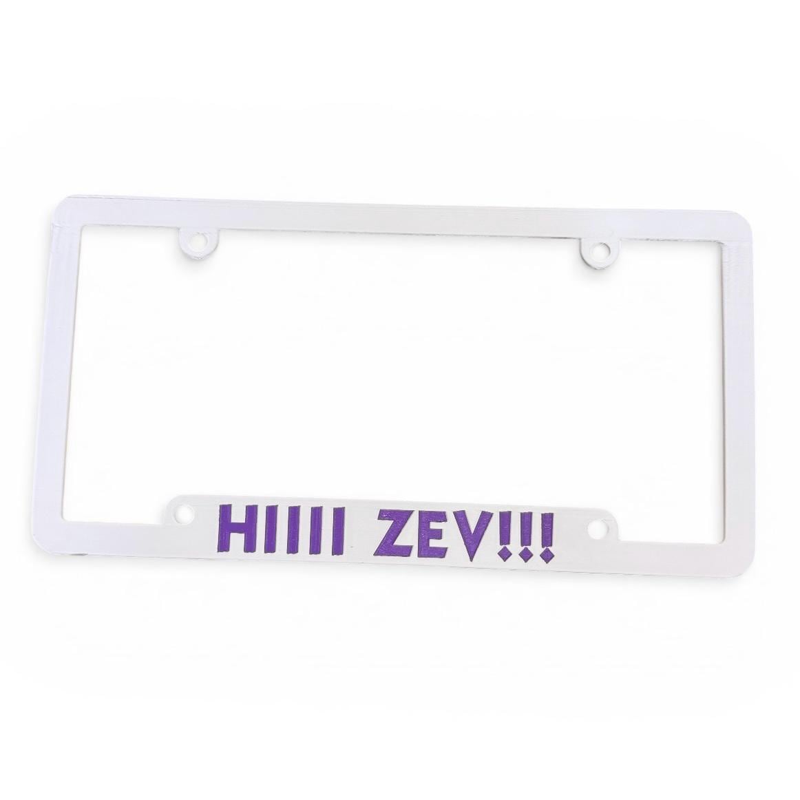Dungeon Crawler Carl Inspired License Plate Cover Frame "HIIII ZEV!!!" White/Purple