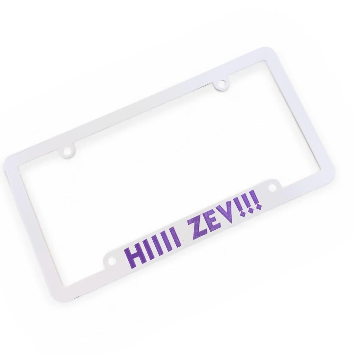 Dungeon Crawler Carl Inspired License Plate Cover Frame "HIIII ZEV!!!" White/Purple